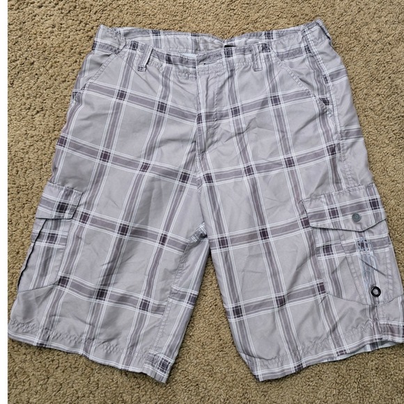 No Fear Other - No Fear Mens Plaid Cargo Board Shorts Grey White Size 36 Casual Vintage swim Y2K